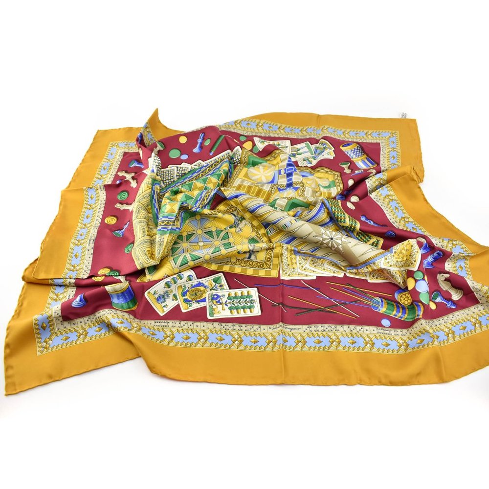 FERRAGAMO: Golden, 100% Silk Twill, Logo Scarf rn
